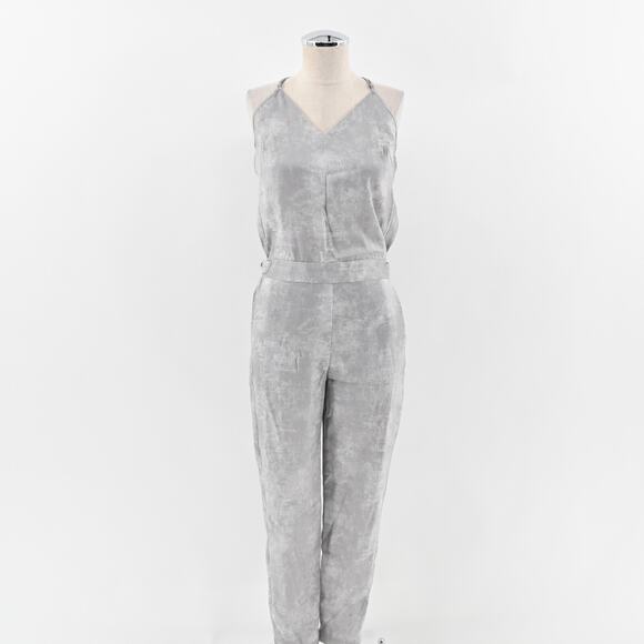 HALSTON HERITAGE Jumpsuit Womens Sz 0 Gray Satin Jogger Spaghetti‎ Strap V Neck - Picture 1 of 14
